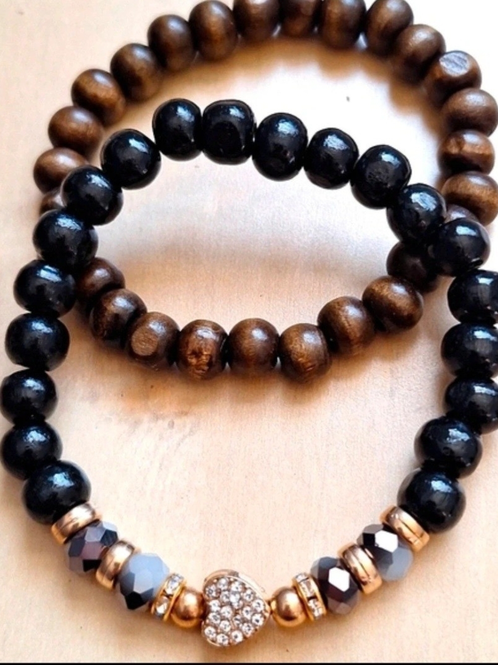 Beaded Heart Accent Bracelet Set - Black & Brown